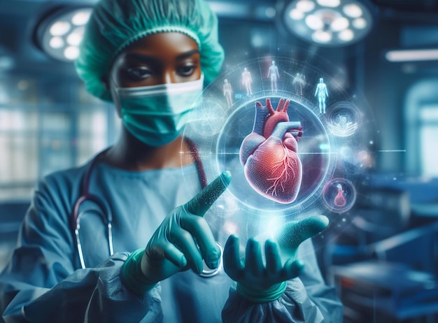 Доктор в операционной и сердечной системе графическая голограмма технология генеративная ai искусство