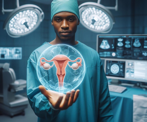 Doctor in operating room and reproductive system graphic hologram technology generative ai art