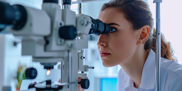 Photo doctor at a optical clinic with futuristic ophthalmoscope equipment performing eye test and vision cure research