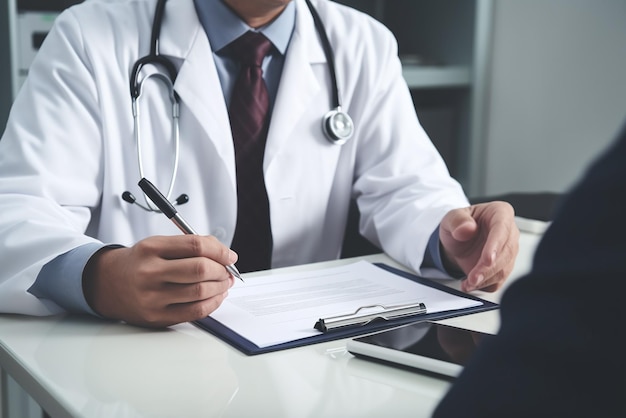 Doctor and patient discussing something while sitting at the tabl