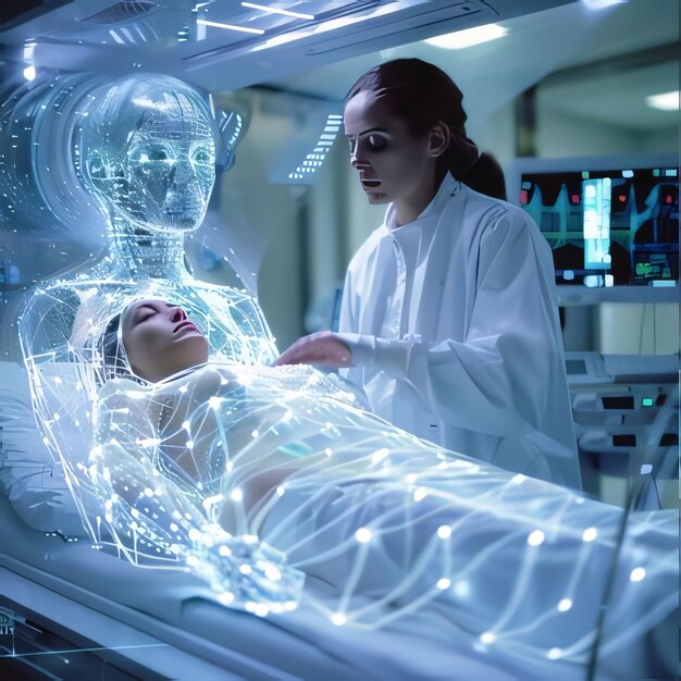 Photo doctor and patient in hospital bed with glowing xray projection medicine and healthcare concept double exposure