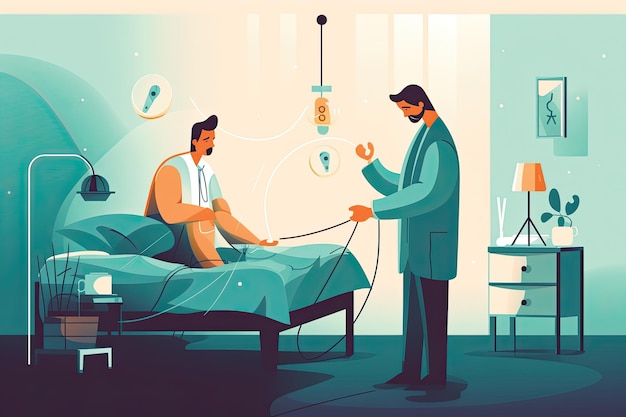 Doctor and patient in hospital room illustration in flat style