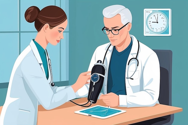 Photo doctor and patient measuring blood pressure medical treatment and healthcare poster modern clinical analysis and treatment medical diagnostic tests doctor visit in clinic vector illustration