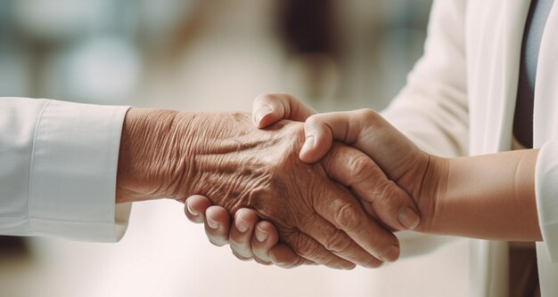 Doctor and patient shaking hands closeup Medicine and healthcare concept