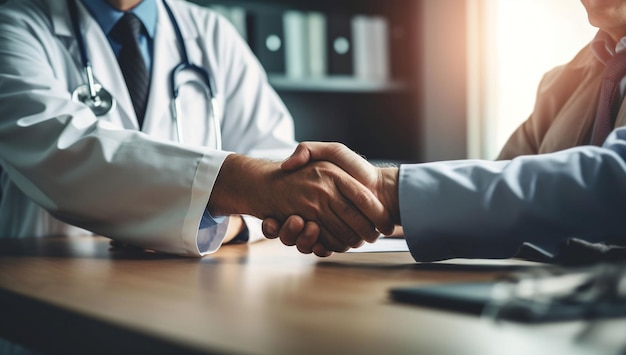 Doctor and patient shaking hands in office they are sitting at table hands close up variation 2