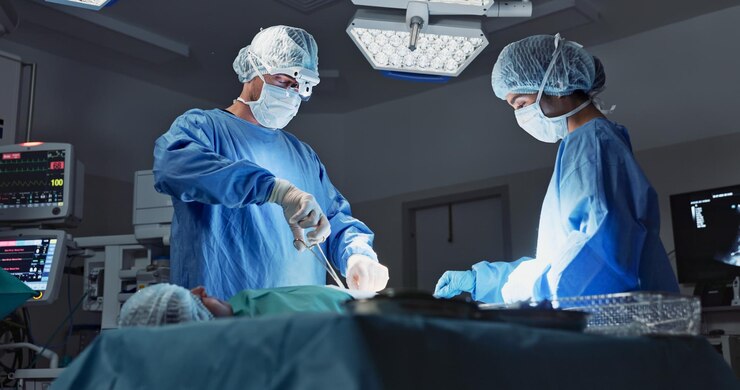 Photo doctor patient and surgery in hospital nurses and operation medical diagnosis and treatment healthcare sick and scissors for help surgeon and specialist on bed working and operating body