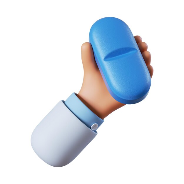 Foto la mano del dottore o del farmacista in cartone animato tiene una grande pillola blu
