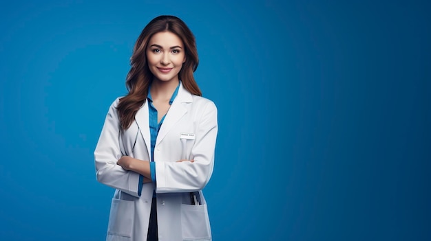 Photo doctor pharmacist woman one color background copy space