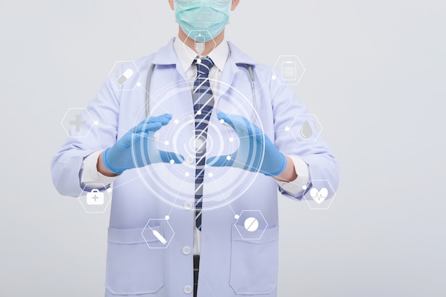 Doctor physician practitioner with mask stethoscope. medical healthcare concept