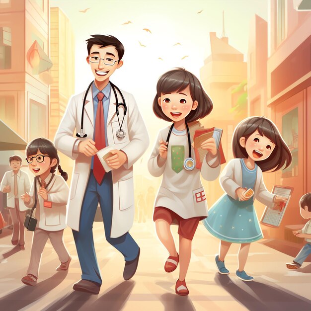 Doctor playing with kids illustration business