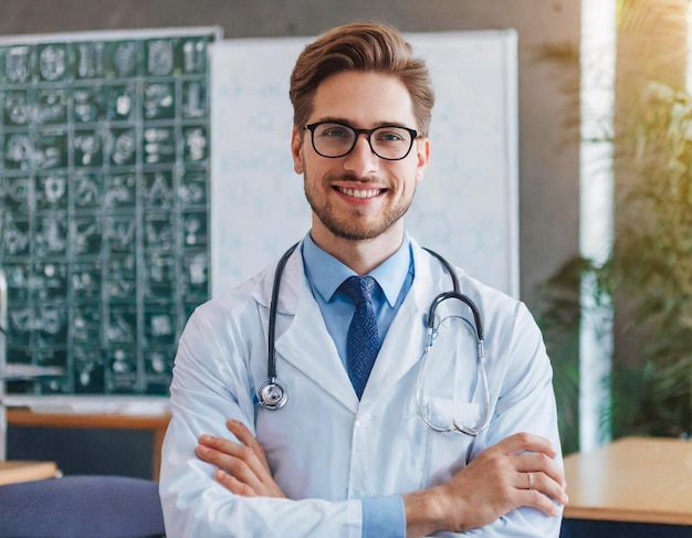 Doctor Portrait of a smiling young doctor on seminar board room or during an educational class