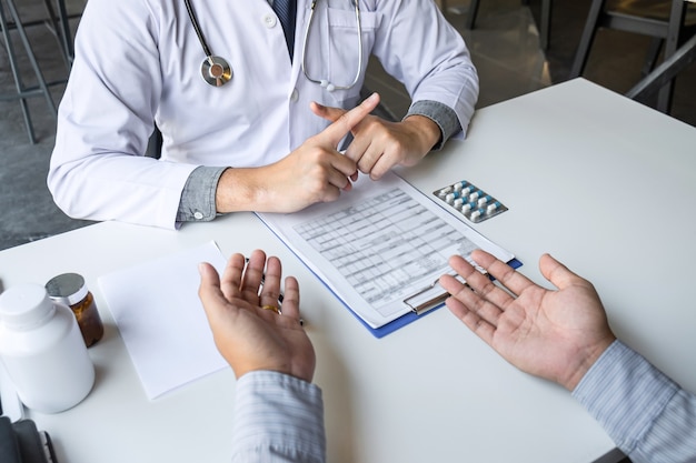 Doctor presenting with patient and checking results on report and prescription about the problem of illness and recommend using medicine, healthcare and medical concept.