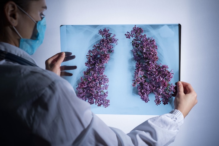 Photo doctor in a protective mask looks at a picture of the patients lungs