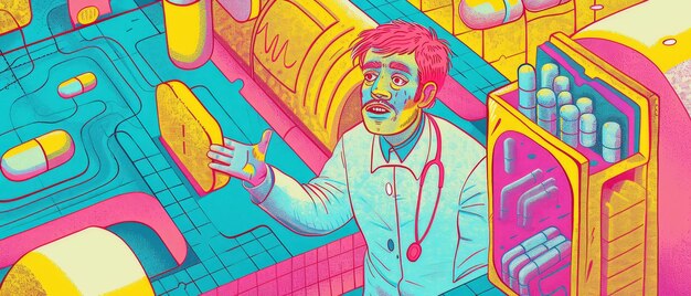 A doctor in a random surreal landscape of giant pills and stethoscopes healthcare dreamscape