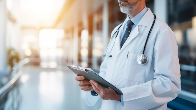 Doctor reads charts medical documents preparing for treatment