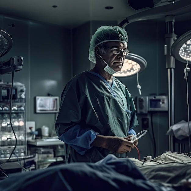 A doctor in a room with a monitor and a mask on his head.