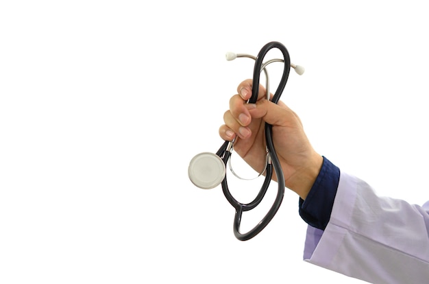 Doctor's hand holding patient stethoscope on white background. copy space