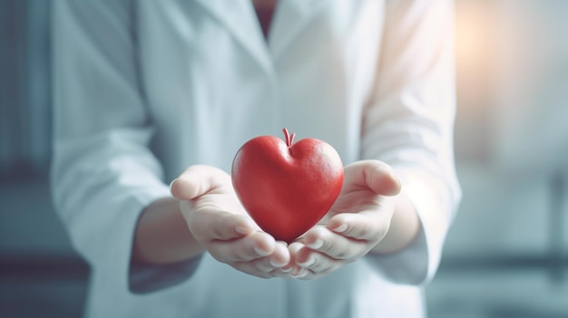 Photo doctor's hand holding a red heart shape in a hospital love donor world heart day healthinsurance concept generative ai illustrator