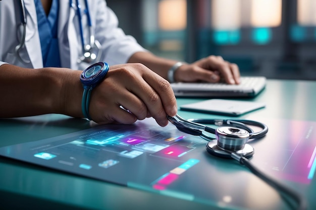 Photo doctor's hand with stethoscope medical ui icons medical technology network in a hospital setting