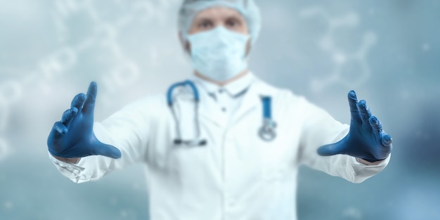 руки врача в синих перчатках крупным планом, медицина, обследование.