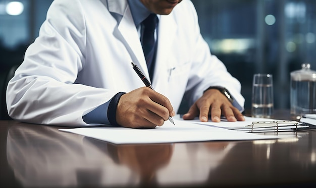 病院の机で紙に書く医師の手 診療所で書類を整理する一般開業医