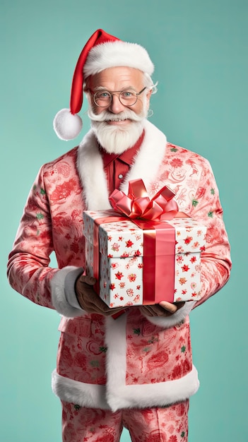 Doctor in Santa Clause costume holding a Christmas giftbox