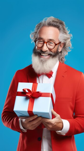 Doctor in Santa Clause costume holding a Christmas giftbox