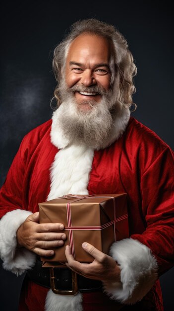 Doctor in santa clause costume holding a christmas giftbox