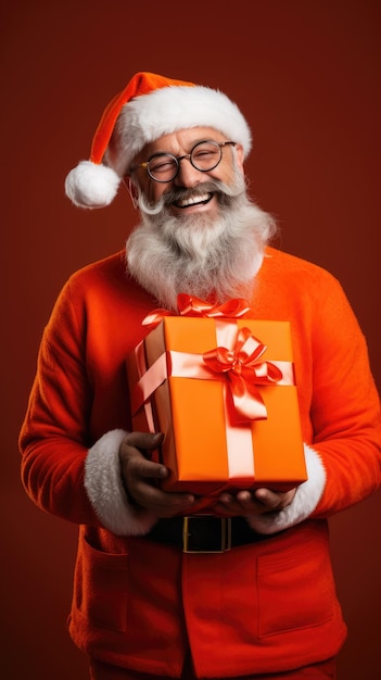 Doctor in Santa Clause costume holding a Christmas giftbox