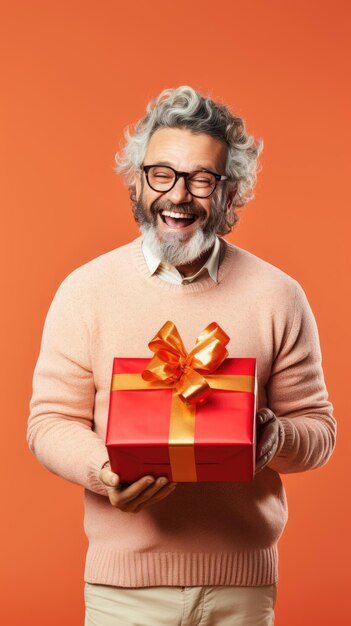 Doctor in Santa Clause costume holding a Christmas giftbox