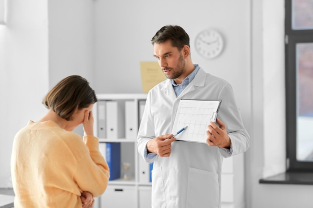 doctor showing cardiogram to sad woman at hospital