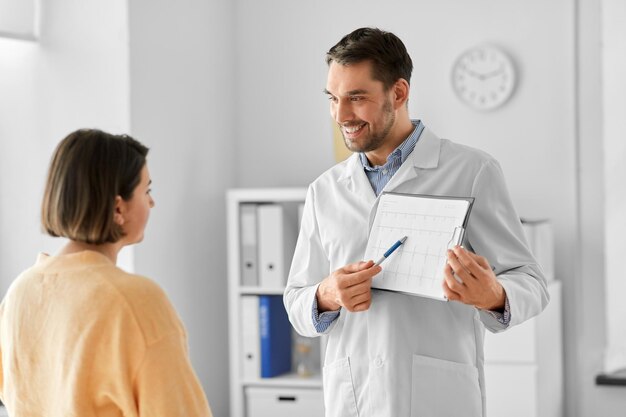 doctor showing cardiogram to woman at hospital