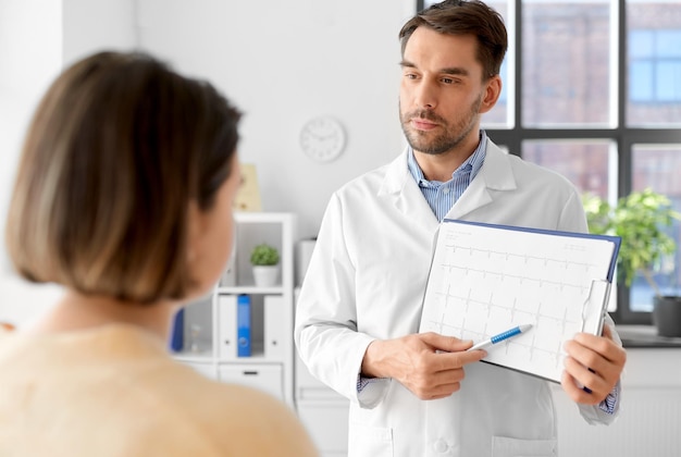 doctor showing cardiogram to woman at hospital