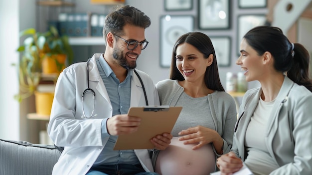 Doctor shows clipboard with medical test results to pregnant female patient in gynecologist clinic