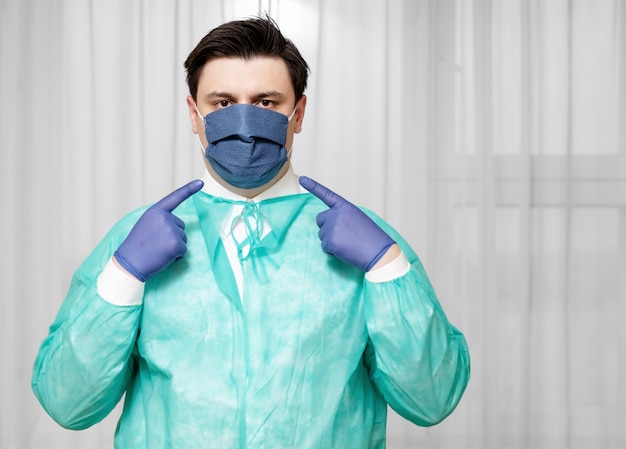 Photo doctor shows how to wear mask in period of coronavirus epidemic