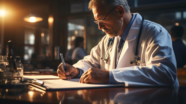 Photo a doctor signing on a report