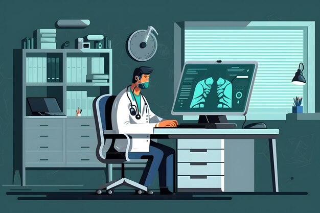 A doctor sits at a desk in front of a computer screen that says'heart scan'on it.