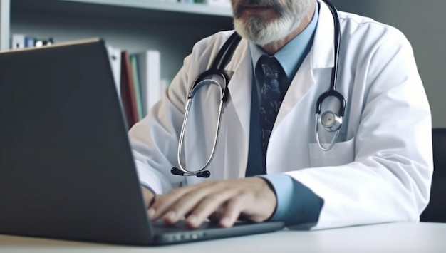 A doctor sits at a desk in front of a laptop