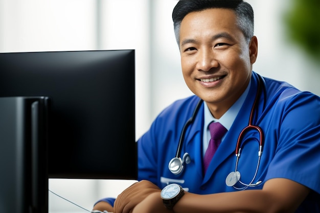 A doctor sits at a desk with a computer monitor that says'doctor '