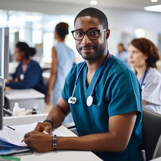 a doctor sits at a desk with other people in the background