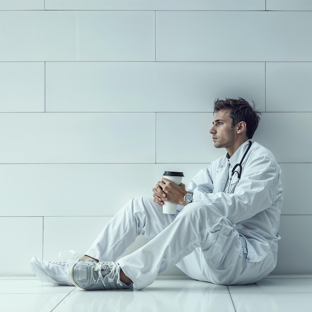 Photo doctor sitting on the floor after a hard day at work