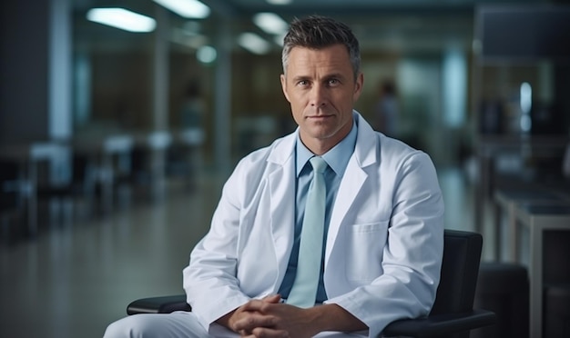 Photo doctor sitting in modern medical office interior room