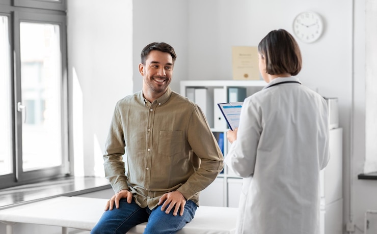 Photo doctor and smiling man meeting at hospital