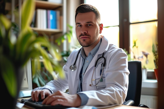 Foto un medico o uno specialista che lavora nell'assistenza sanitaria e si siede dietro un computer