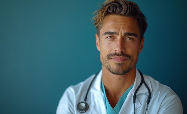 A doctor standing in front of the colour background