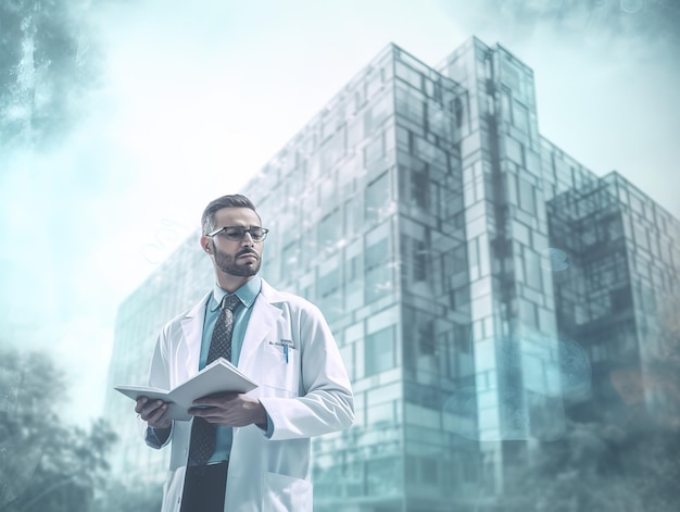 doctor standing next to hospital building heath care design