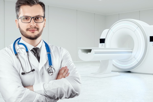 The doctor stands in front of the MRI machine