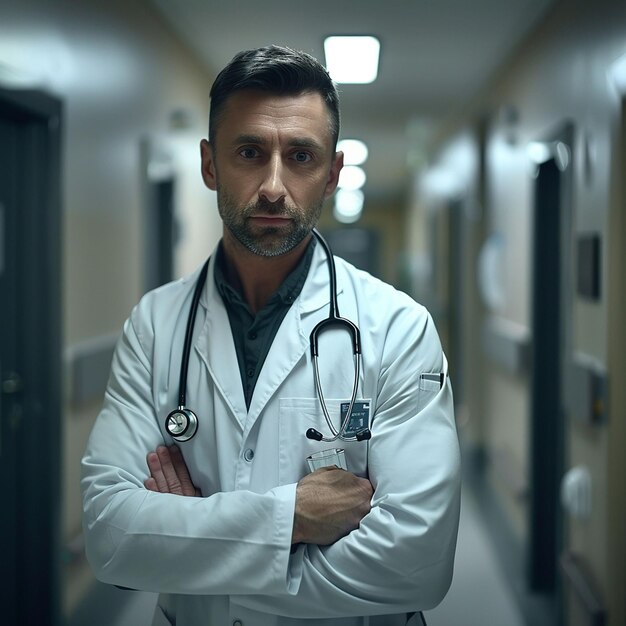 a doctor stands in a hospital corridor with his arms crossed