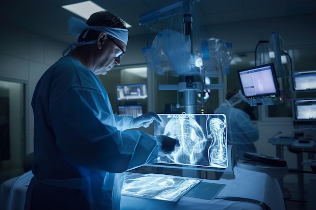 Photo the doctor studies xrays and information about the patients state of health on modern equipment