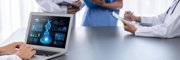 Photo doctor studying genetic disease in dna research with laptop neoteric